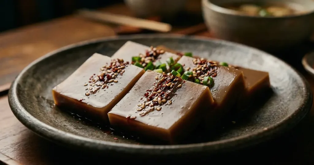 Cubed brown acorn jelly topped with savory soy sauce on a dark plate.