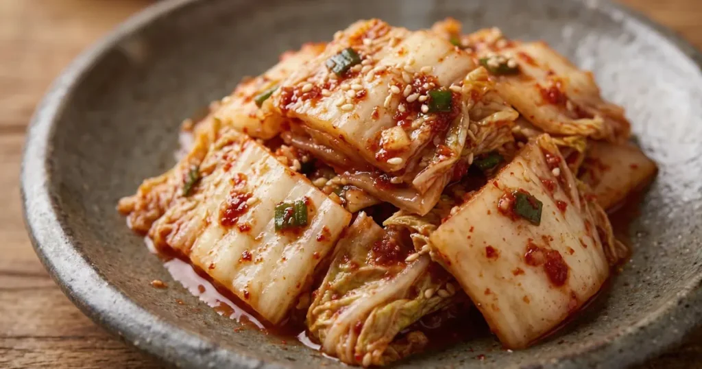 Slices of napa cabbage kimchi (baechu kimchi) coated in red chili seasoning on a ceramic plate.