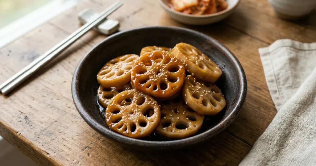 Sliced lotus roots with a distinct hole pattern glazed in a dark soy sauce on a brown plate.