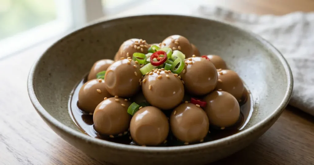 Brown-glazed quail eggs stacked in a bowl garnished with red and green chili slices.