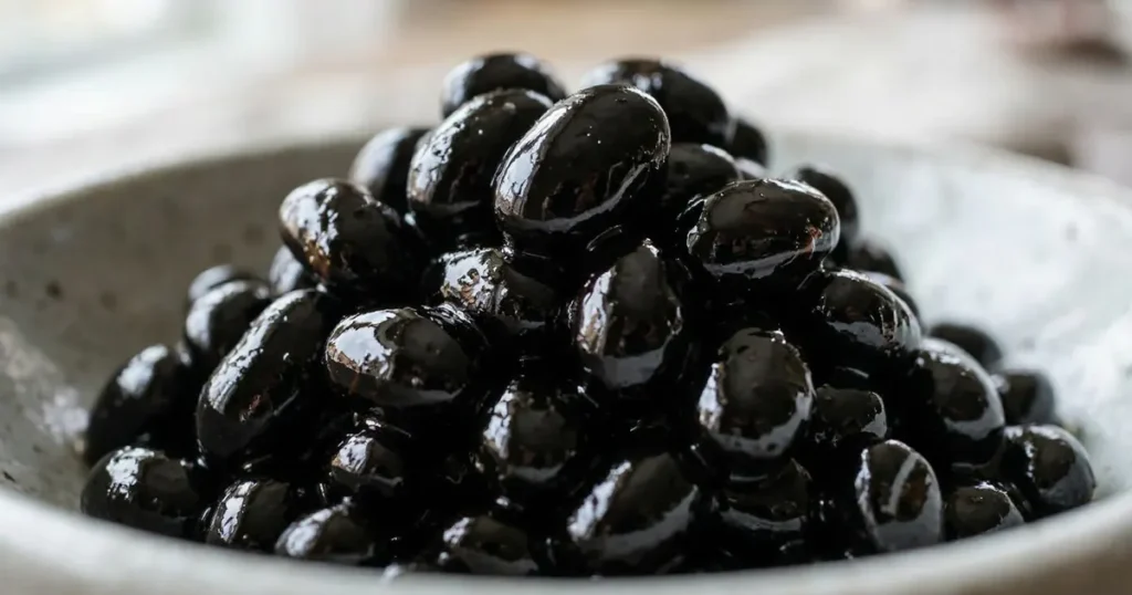 Glossy black soybeans piled in a light grey bowl showing a sticky sweet glaze.