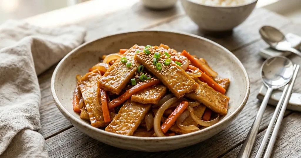Stir-fried Korean fish cakes (eomuk bokkeum) with onions and carrots in a savory soy sauce glaze.