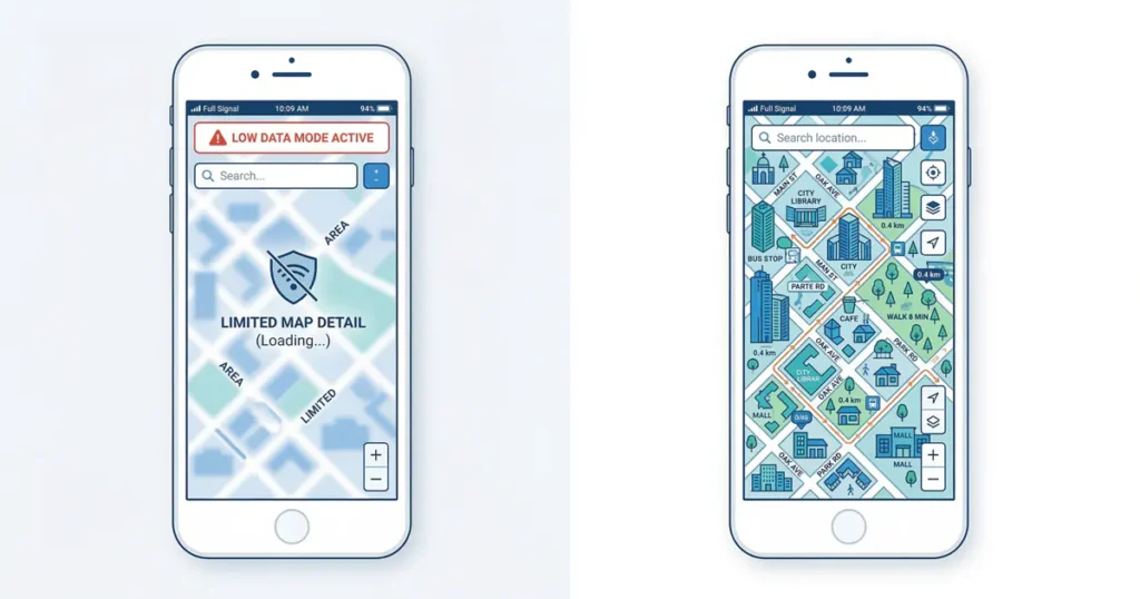 A side-by-side comparison of two mobile phone screens showing a restricted map with a shield icon on the left and a highly detailed city map with various points of interest on the right.