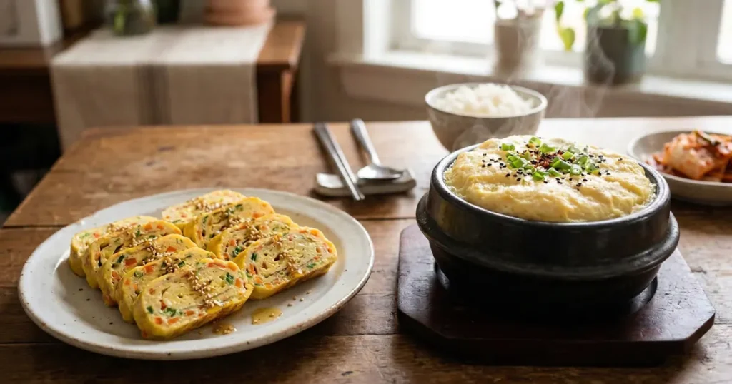 Sliced Korean rolled omelette (gyeran-mari) next to a pot of steamed egg (gyeran-jjim).