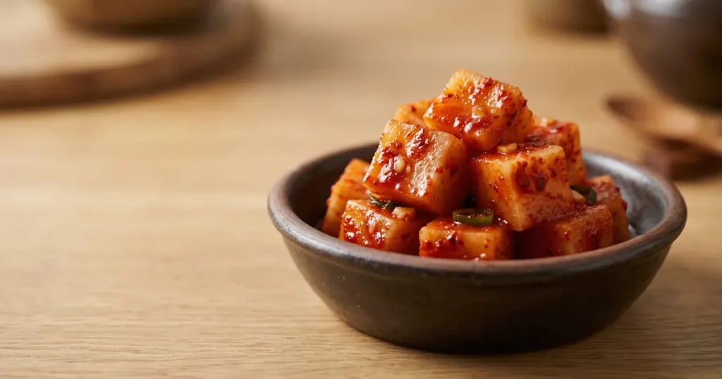 Diced Korean radish kimchi (kkakdugi) coated in red chili seasoning served in a small ceramic bowl.