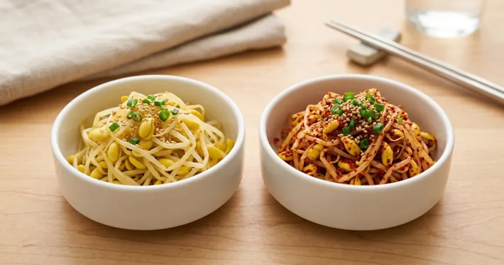 Seasoned soybean sprouts (kongnamul muchim) served in two small bowls, plain and spicy.