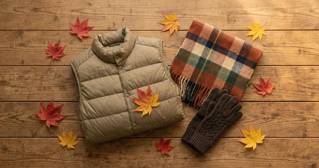 A khaki padded vest, a plaid wool scarf, and brown knit gloves arranged on a rustic wooden table with scattered red and yellow maple leaves.