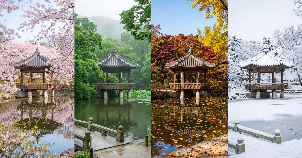 A four-panel split image showing a traditional wooden Korean pavilion reflecting in a pond through spring blossoms, summer greenery, autumn foliage, and winter snow.