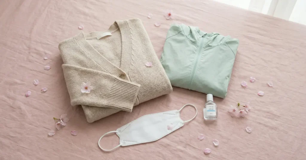 Beige knit cardigan and mint green windbreaker laid flat with a white face mask and eye drops surrounded by pink cherry blossom petals.