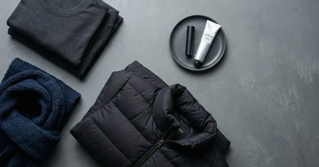 A heavy black puffer jacket, dark thermal innerwear, a thick navy knit scarf, and moisturizing lip balm displayed on a slate gray background.