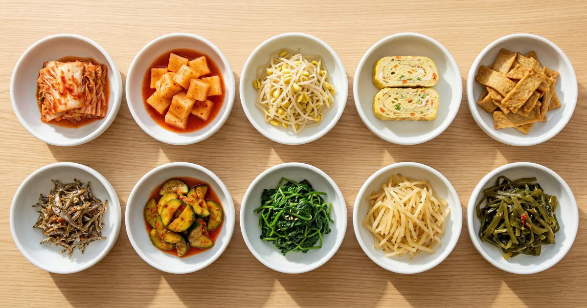 Ten small white ceramic bowls filled with various colorful Korean side dishes arranged in two neat rows on a light wooden table.