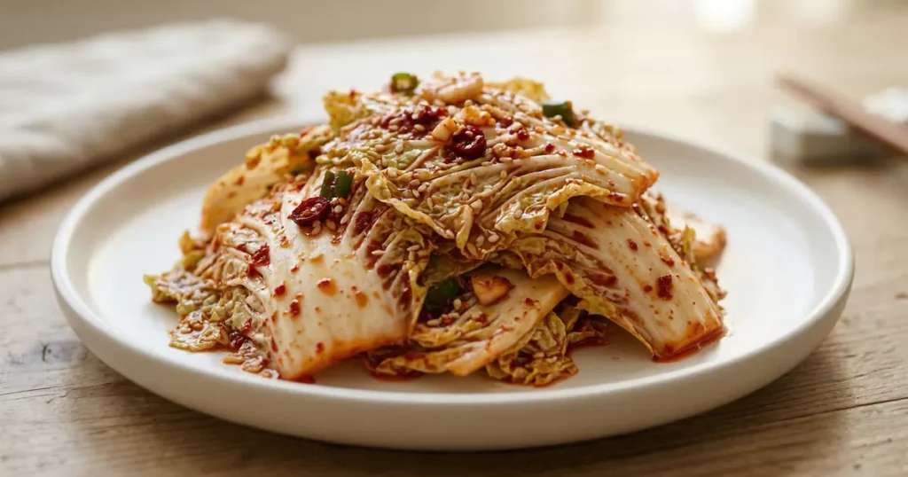 Bright red Napa cabbage leaves tossed with chili flakes and sesame seeds on a white ceramic plate.