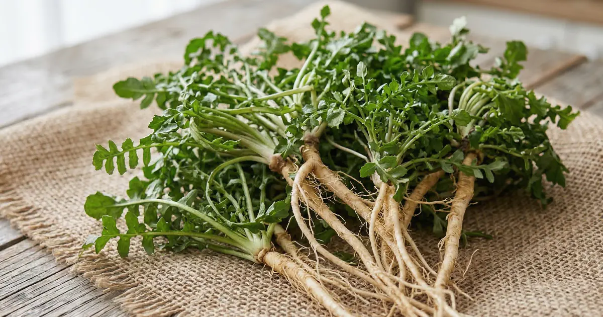 Freshly harvested Korean Naengi with long earthy roots and green serrated leaves laid on a rustic burlap cloth.
