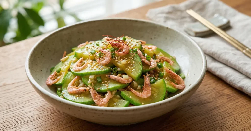Sliced green zucchini stir-fried with small dried pink shrimp in a light bowl.