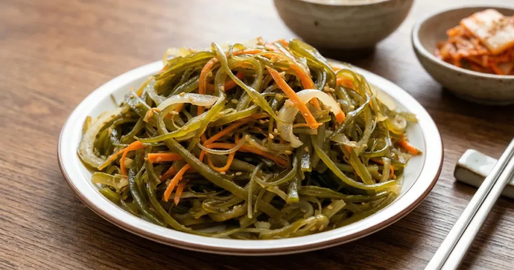 Stir-fried seaweed stems (miyeok julgi bokkeum) with carrots and onions.