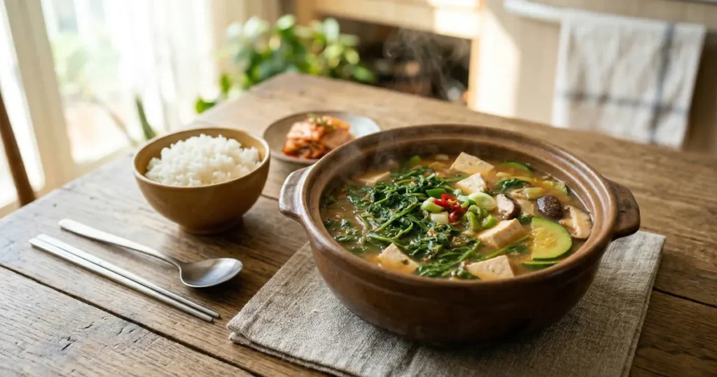 A Korean soybean paste soup with Naengi and tofu served in a traditional clay pot on a sunlit wooden table.