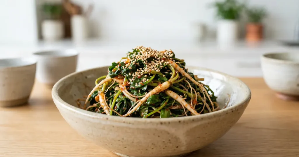 A mound of blanched Naengi seasoned with red chili paste and sprinkled with toasted sesame seeds in a ceramic bowl.