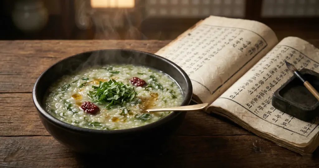 A steaming bowl of green herb porridge placed next to an open traditional Korean hangeul medical book on a wooden table.