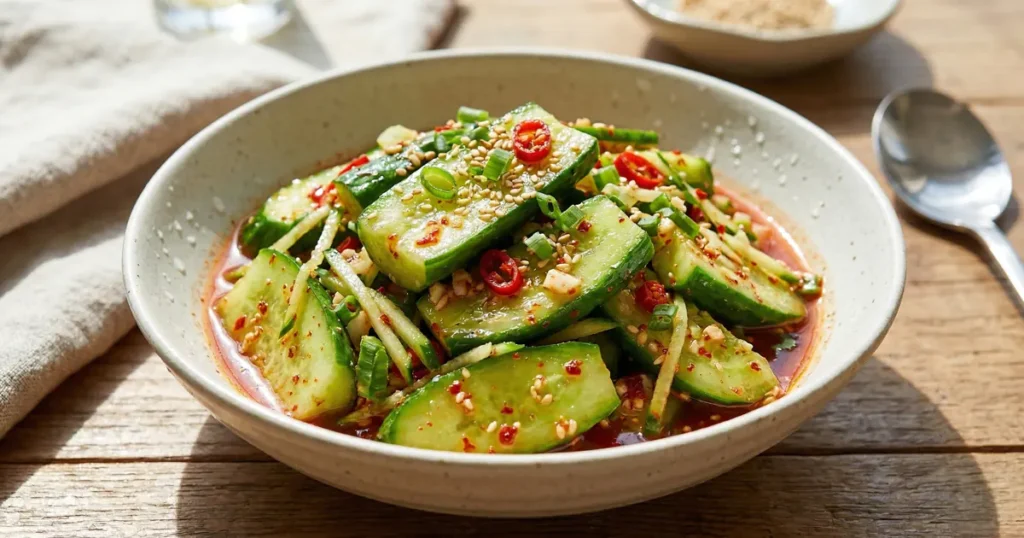 Spicy cucumber salad (oi muchim) with chili flakes and sesame seeds.