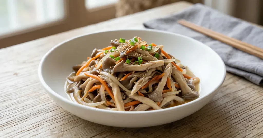Shredded oyster mushrooms stir-fried with orange carrot slivers and green onions in a white dish.
