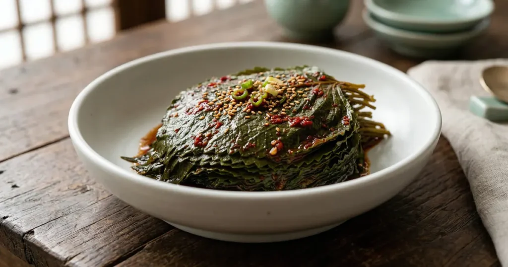 Stacked dark green perilla leaves marinated in red chili paste and soy sauce in a white bowl.