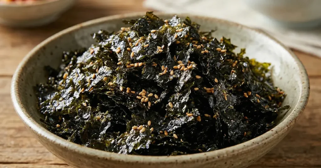 Heaping bowl of dark, crispy seaweed flakes garnished with sesame seeds on a wooden table.