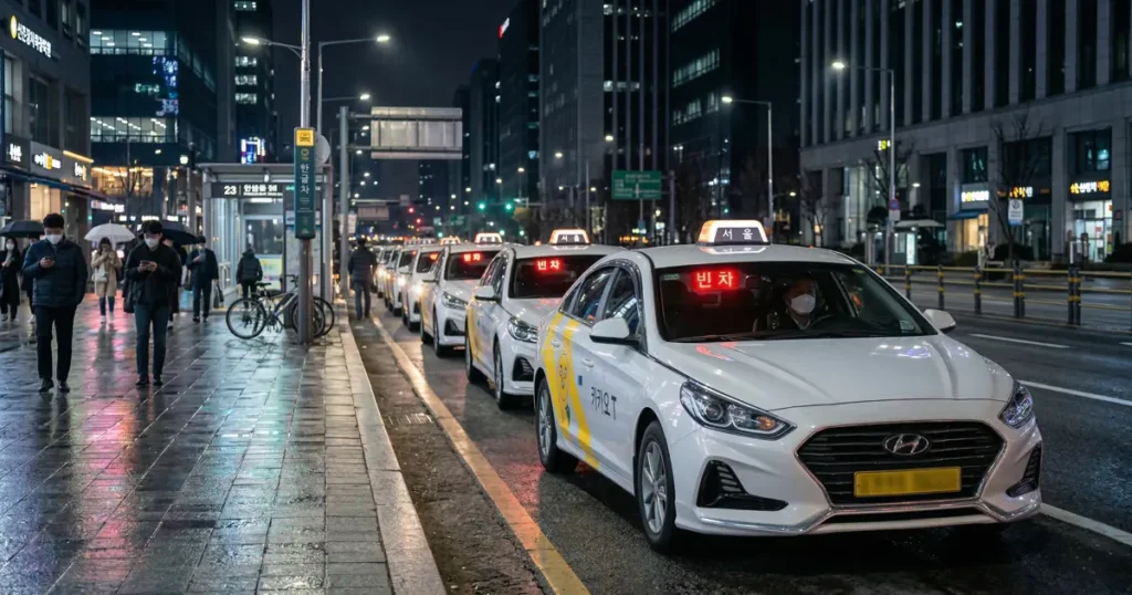A line of white taxis at night with red illuminated signs on the dashboard showing the Korean characters for empty car.