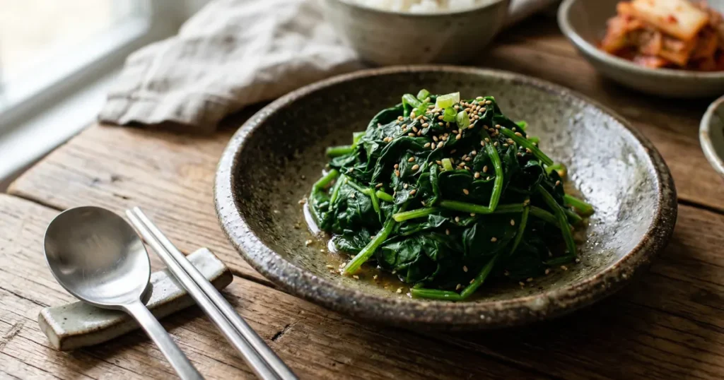 Seasoned spinach (sigeumchi namul) topped with sesame seeds.